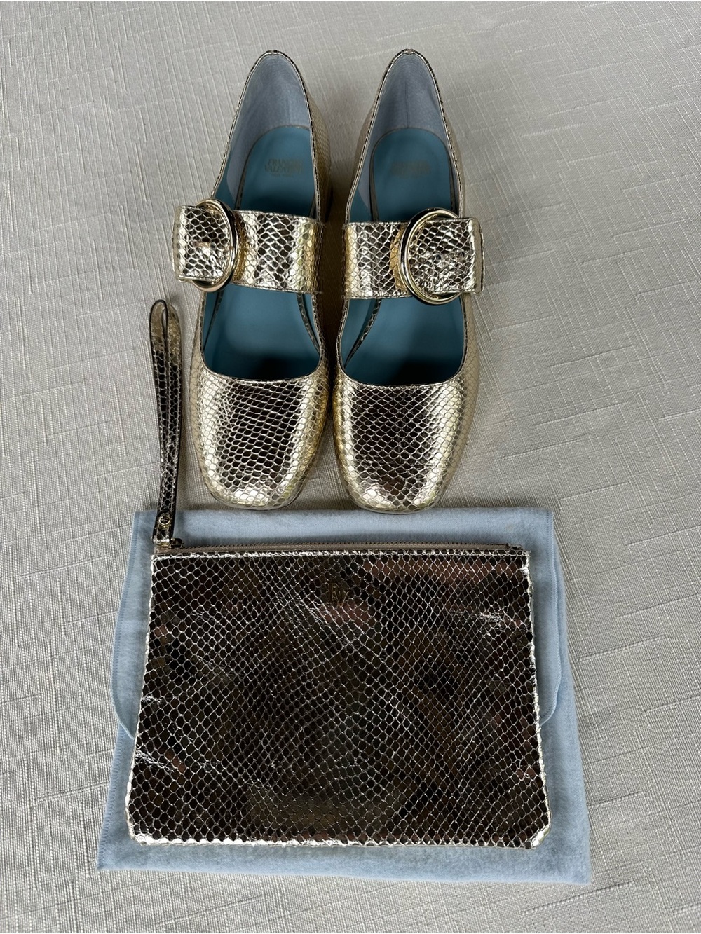 Frances Valentine Gold Metallic Snake Mary Jane Block Heel Shoes 10 & Wristlet